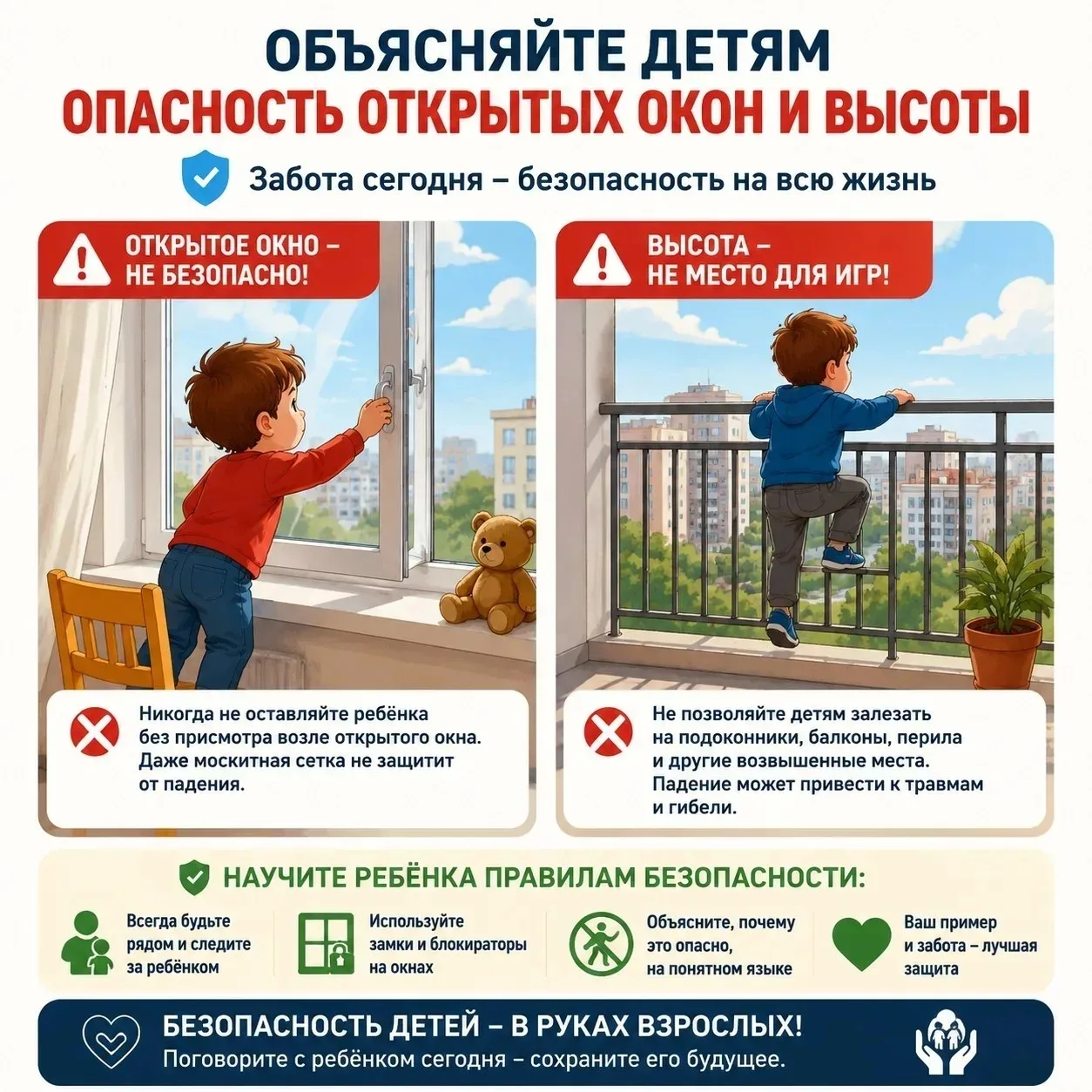 Уважаемые родители! В жаркую погоду важно защитить маленьких детей от выпадения из окон!!
