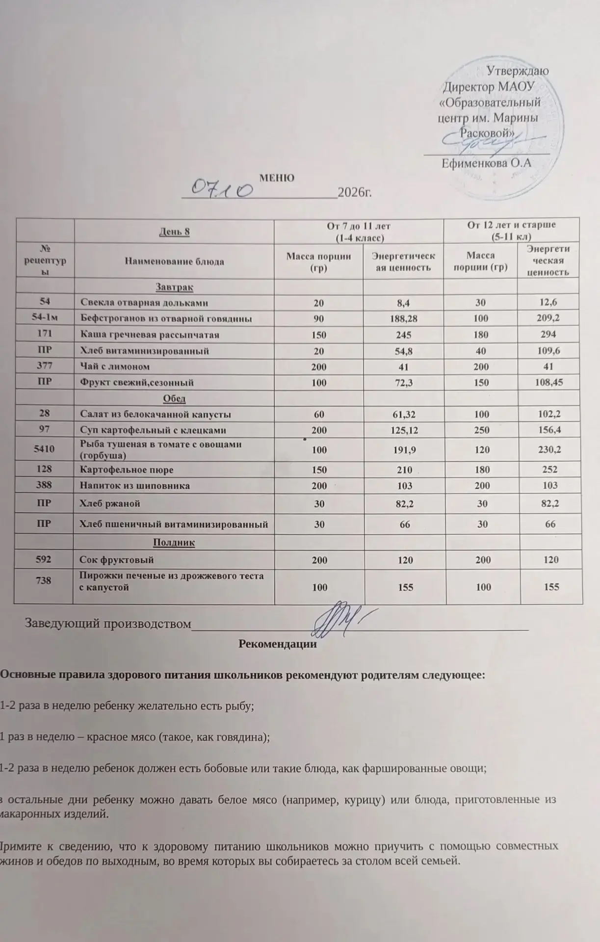 Вид питания: завтрак
