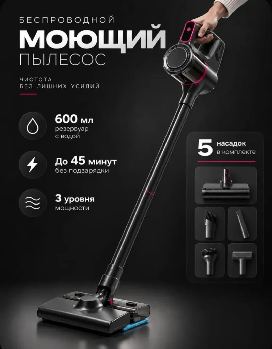 Пылесос вертикальный беспроводной моющий 2в1 для сухой и влажной уборки