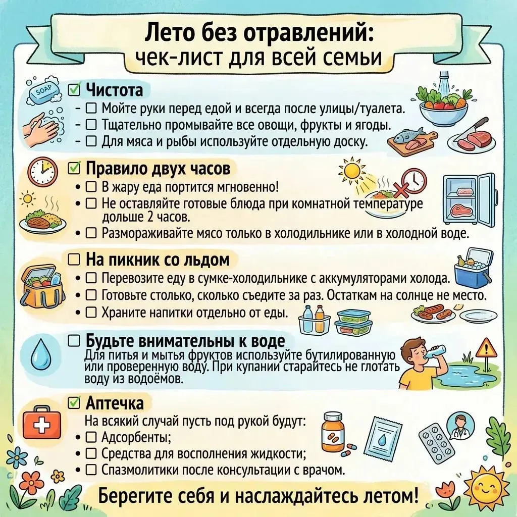 ☀️ Лето без отравлений
Чтобы ваше лето прошло весело и безопасно, держите под рукой этот чек-лист

1
