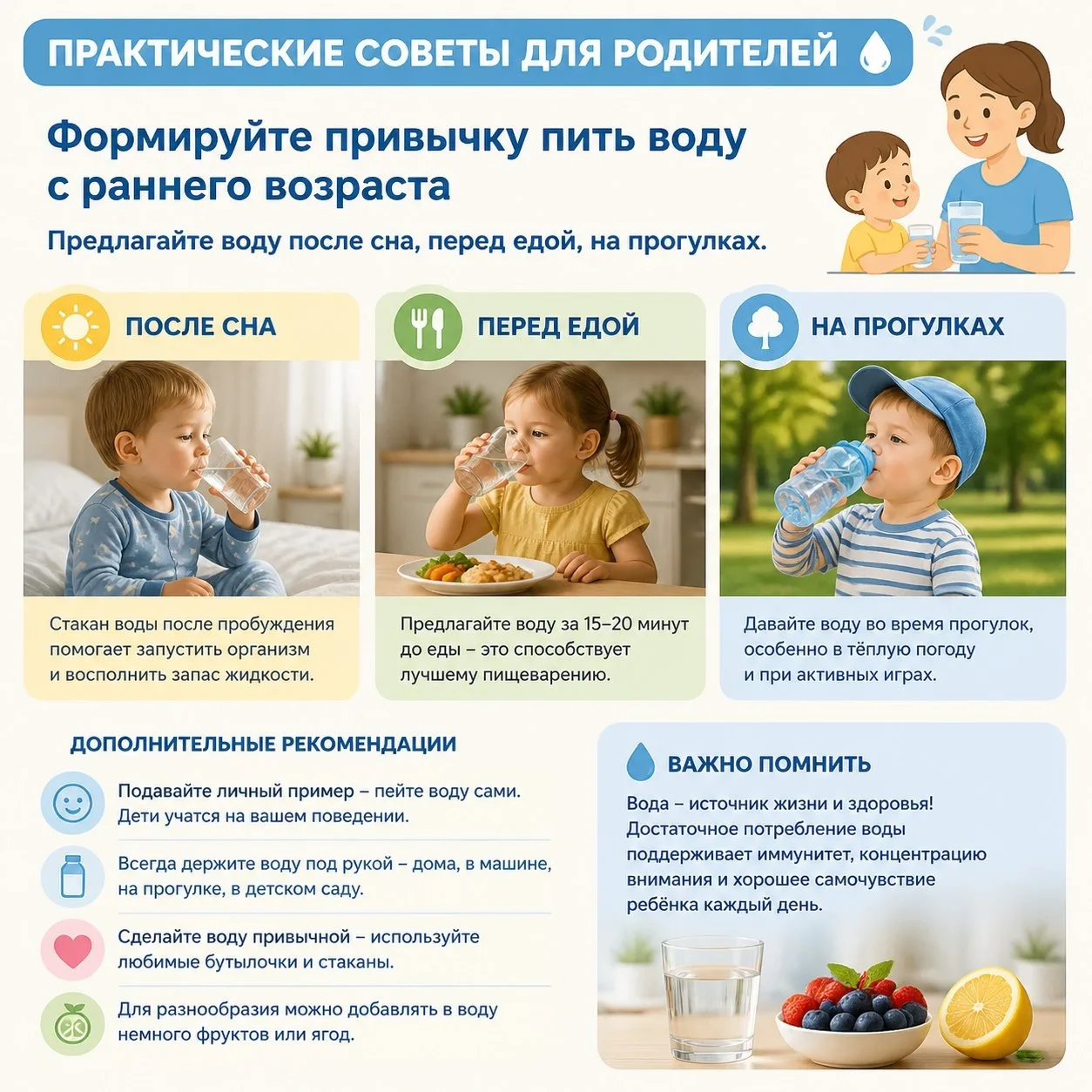 Как приучить ребёнка пить воду? 💦💧

Главный секрет — в регулярности и личном примере. Предлагайте 
