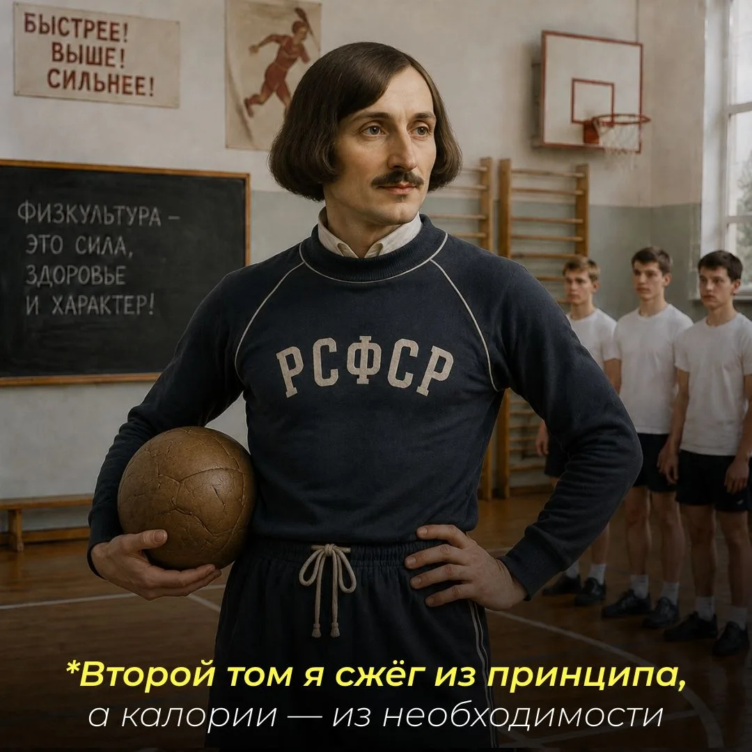 Что, если бы поэты и писатели вели урок физкультуры?🏃 
⌨Нейросеть уже представила их в спортивной ф