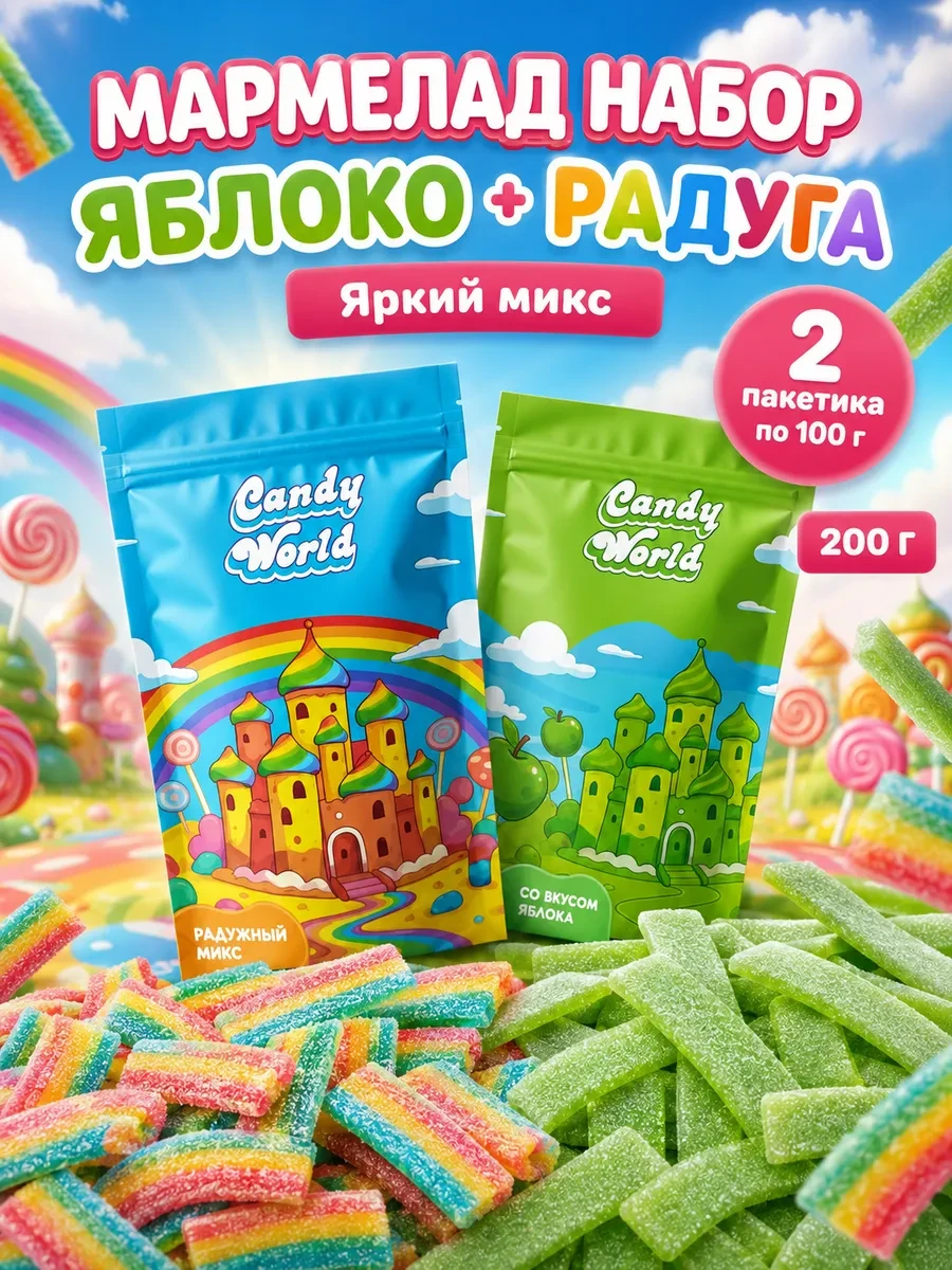 ⚡️ Мармелад жевательный набор яблоко и радуга 200 г, Candy World