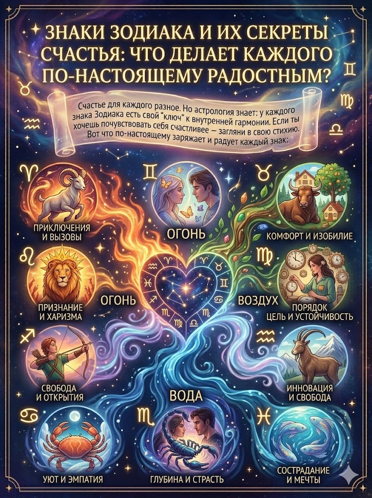 ✨ Знаки Зодиака и их секреты счастья: что делает каждого по-настоящему радостным?