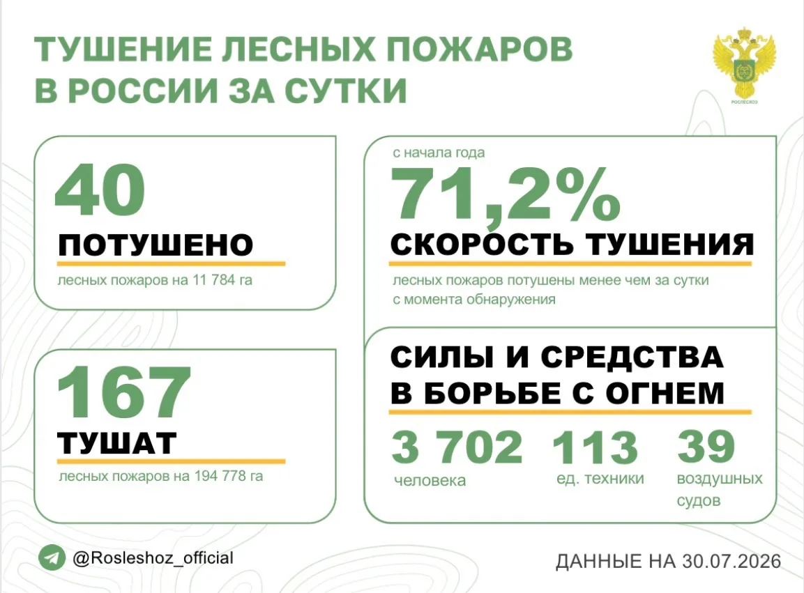 🟢 За прошедшие сутки в 10 регионах России потушили 40 лесных пожаров. 
Продолжается тушение 167 лес