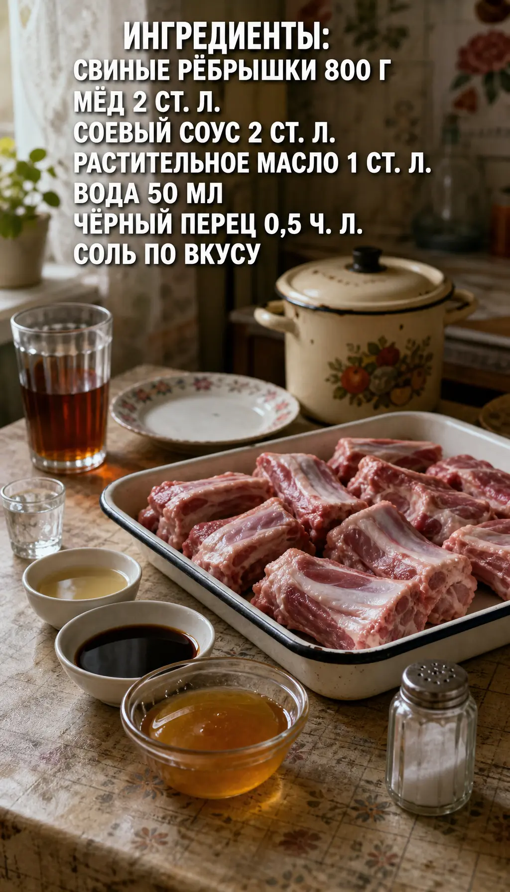Рёбрышки в медово-соевом соусе
простое блюдо из обычных продуктов 🍲
Ингредиенты:
свиные рёбрышки — 