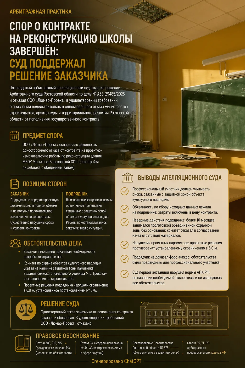 📌 Спор о контракте на реконструкцию школы завершён: суд поддержал решение заказчика