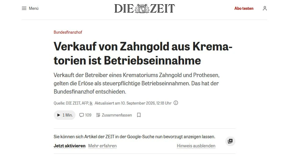 ⚡️ В Германии продажу золота и протезов после кремации обложили налогом, — Die Zeit.