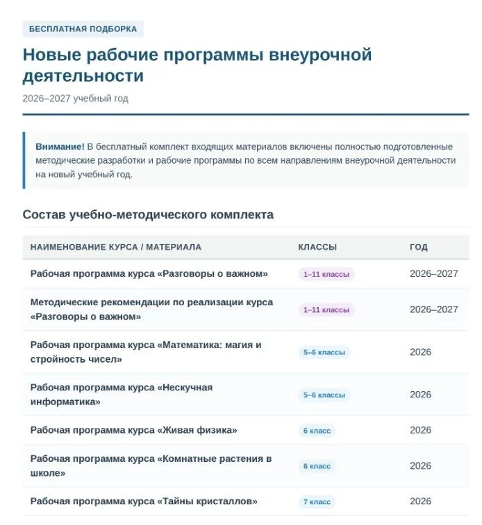 🆕 Новые рабочие программы внеурочной деятельности на 2026-2027 учебный год.