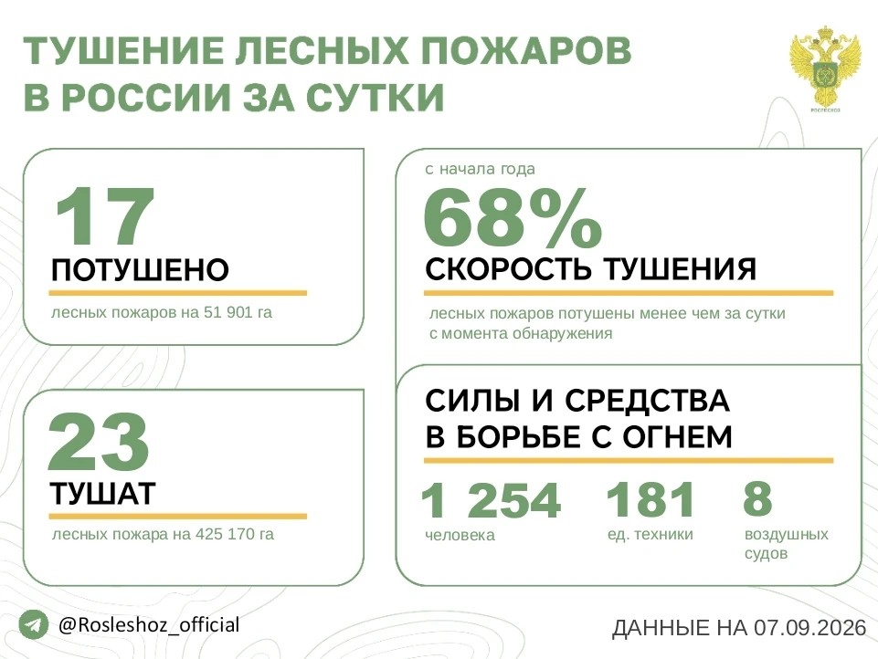 🟢 За прошедшие сутки в 11 регионах России потушили 17 лесных пожаров.