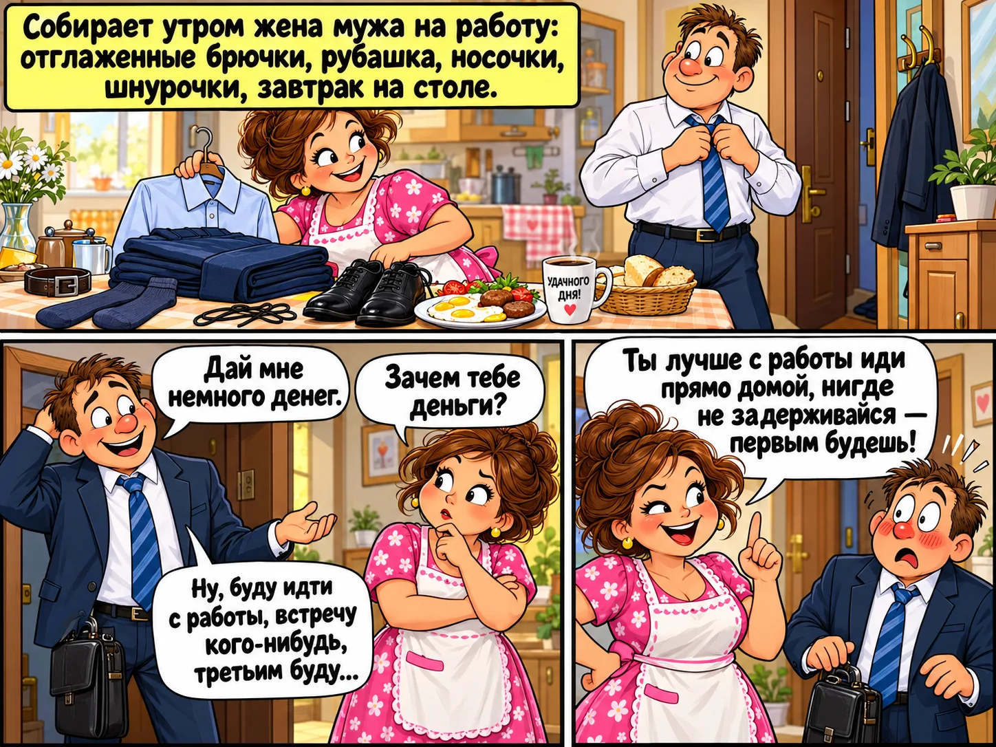 Собирает утром жена мужа на работу: отлаженные брючки, рубашка, носочки, шнурочки, завт...