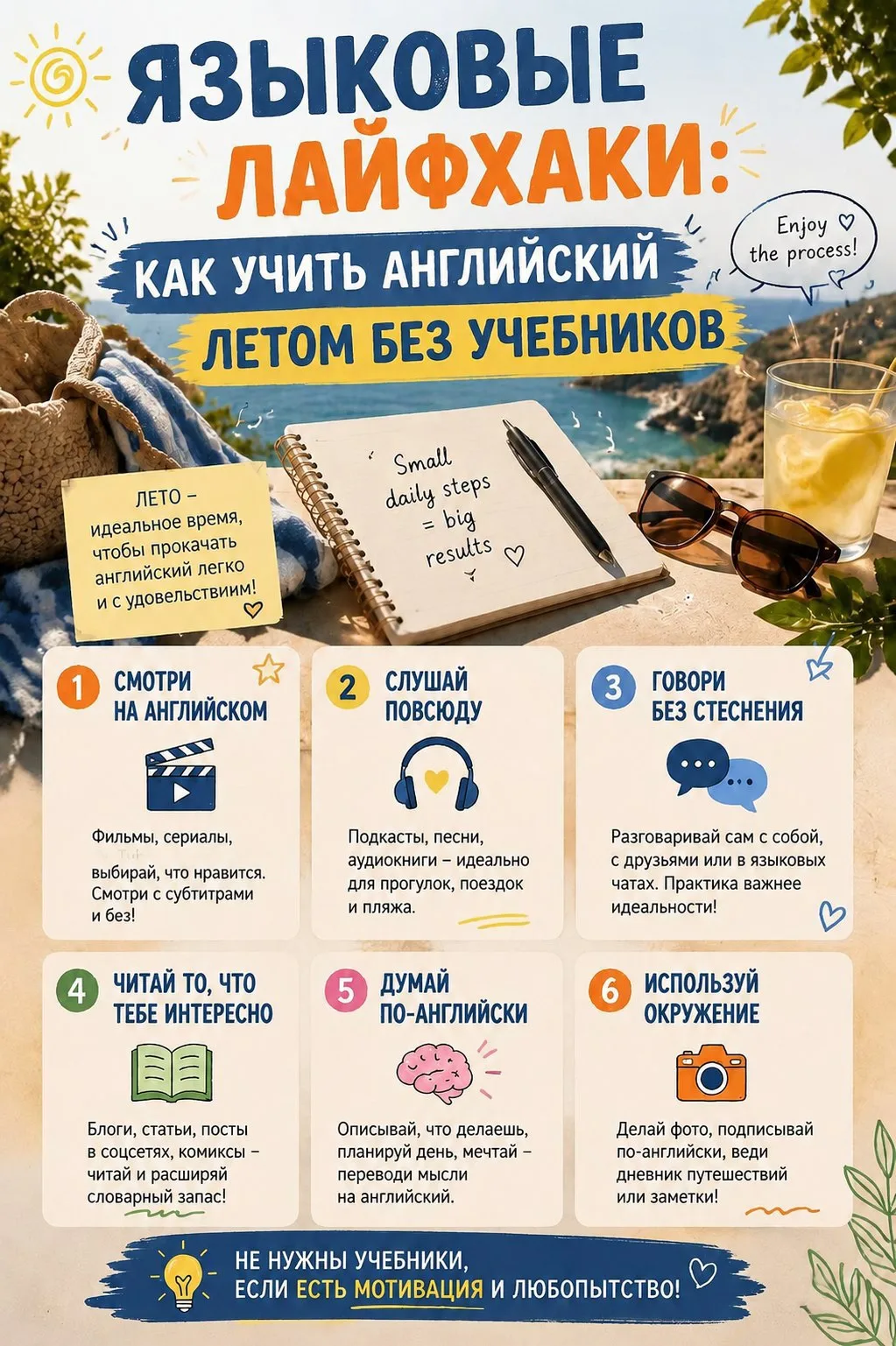 Языковые лайфхаки: учим английский летом без учебников 🌞📚