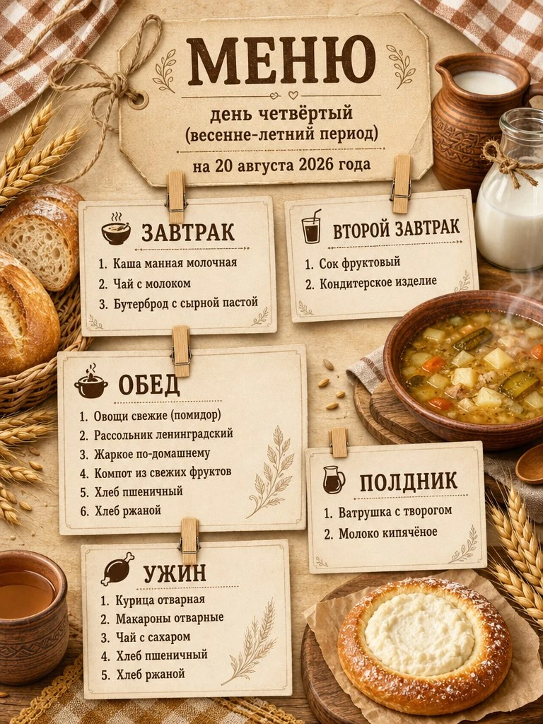Меню на 20 августа 2026 года.