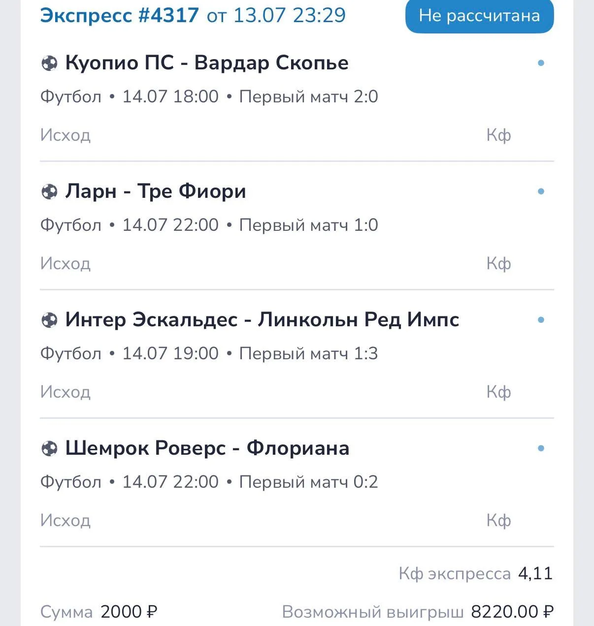 Сегодня неплохая линия - много футбола. 

Сделали два экспресса. Коэффициенты 4.41 и 4.11

Стоимость
