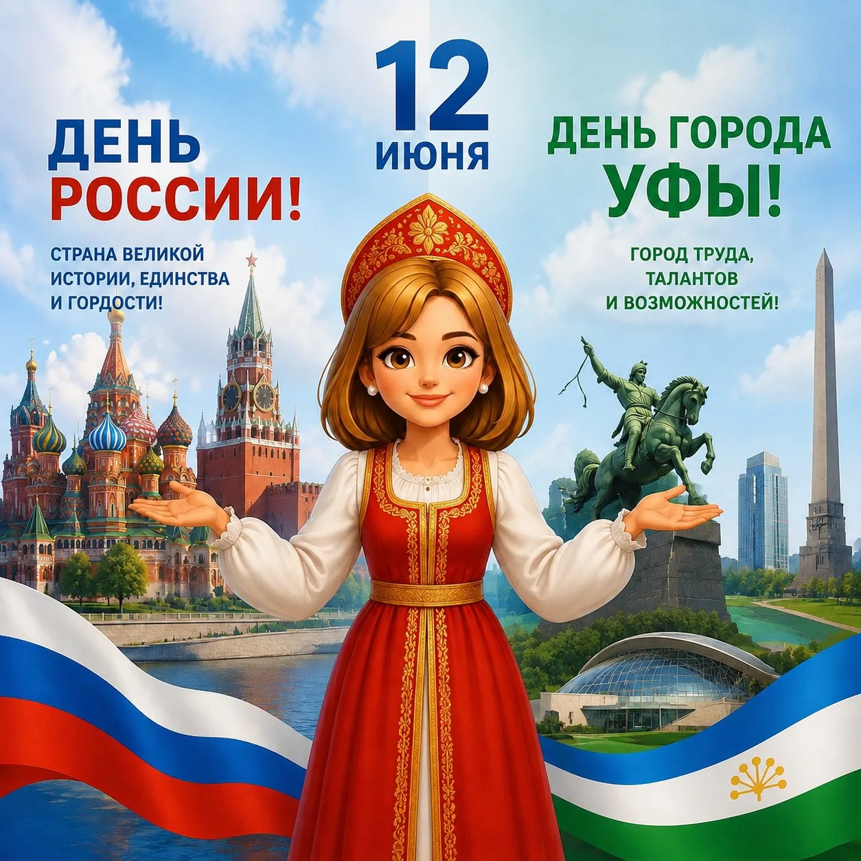 Дорогие друзья! 

Сегодня мы отмечаем важные и значимые праздники — День России и День  города Уфы. 