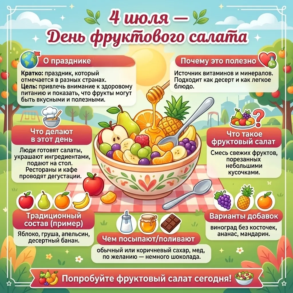 Сегодня, 4 июля, чудесный день – День фруктового салата! 🍏🍊🍌🍍🍇