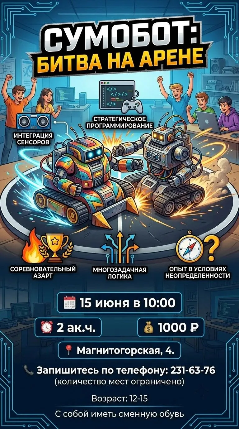 🤖 Сумобот: Битва на арене

Приглашаем подростков 12–15 лет на инженерный мастер-класс, где теория в