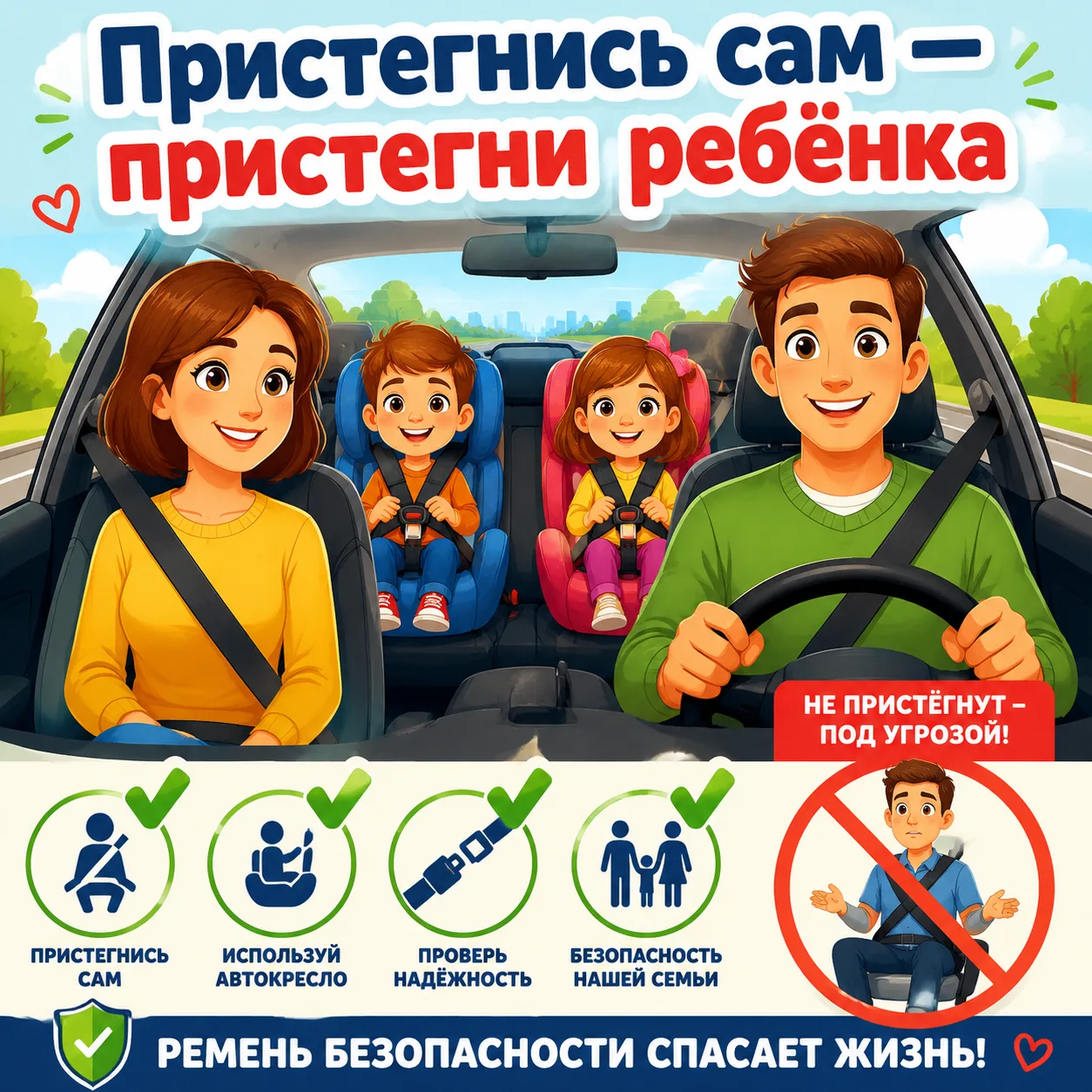 🚗 Пристегнись сам — пристегни ребёнка

Дорогие родители и ребята!

Каждая поездка на автомобиле — э