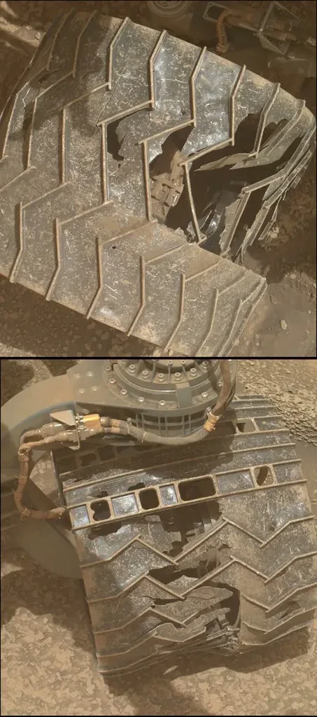 Ровер NASA Curiosity недавно сделал крупные планы своих повреждённых колёс после почти 14 лет на Мар