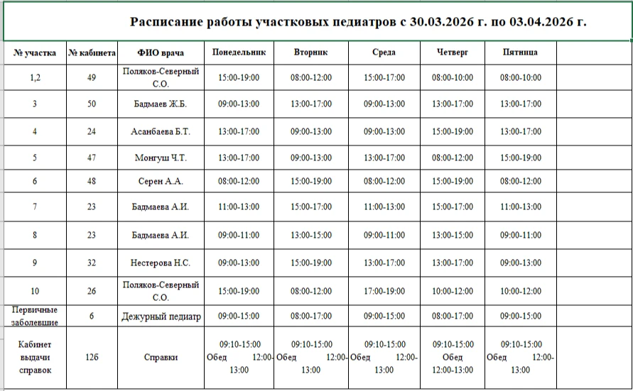 🥼🕐Расписание работы специалистов с 30.03.2026 г. по 03.04.2026 г.
