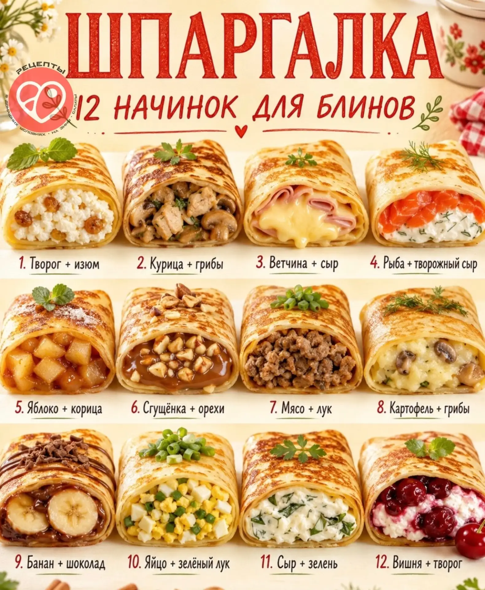 12 начинок для блинов, которые выручат и на завтрак, и на перекус, и на праздничный стол!