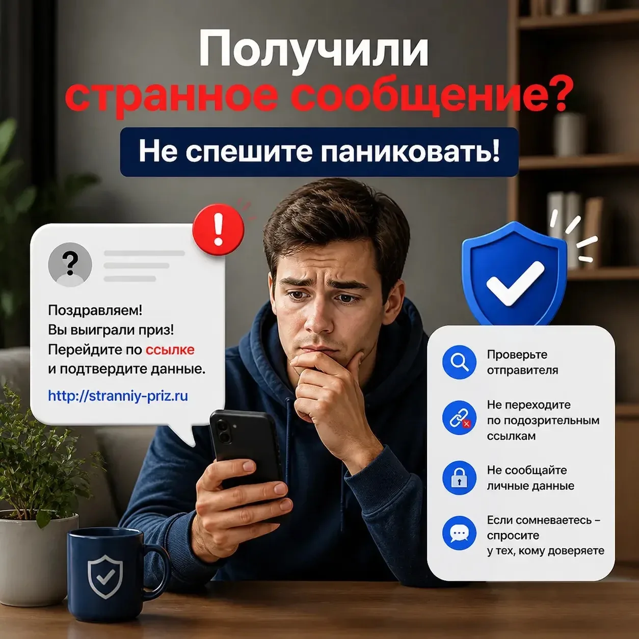 📩  Получили странное сообщение? Не спешите паниковать!  1. Проверьте номер или адрес. Если сообщение