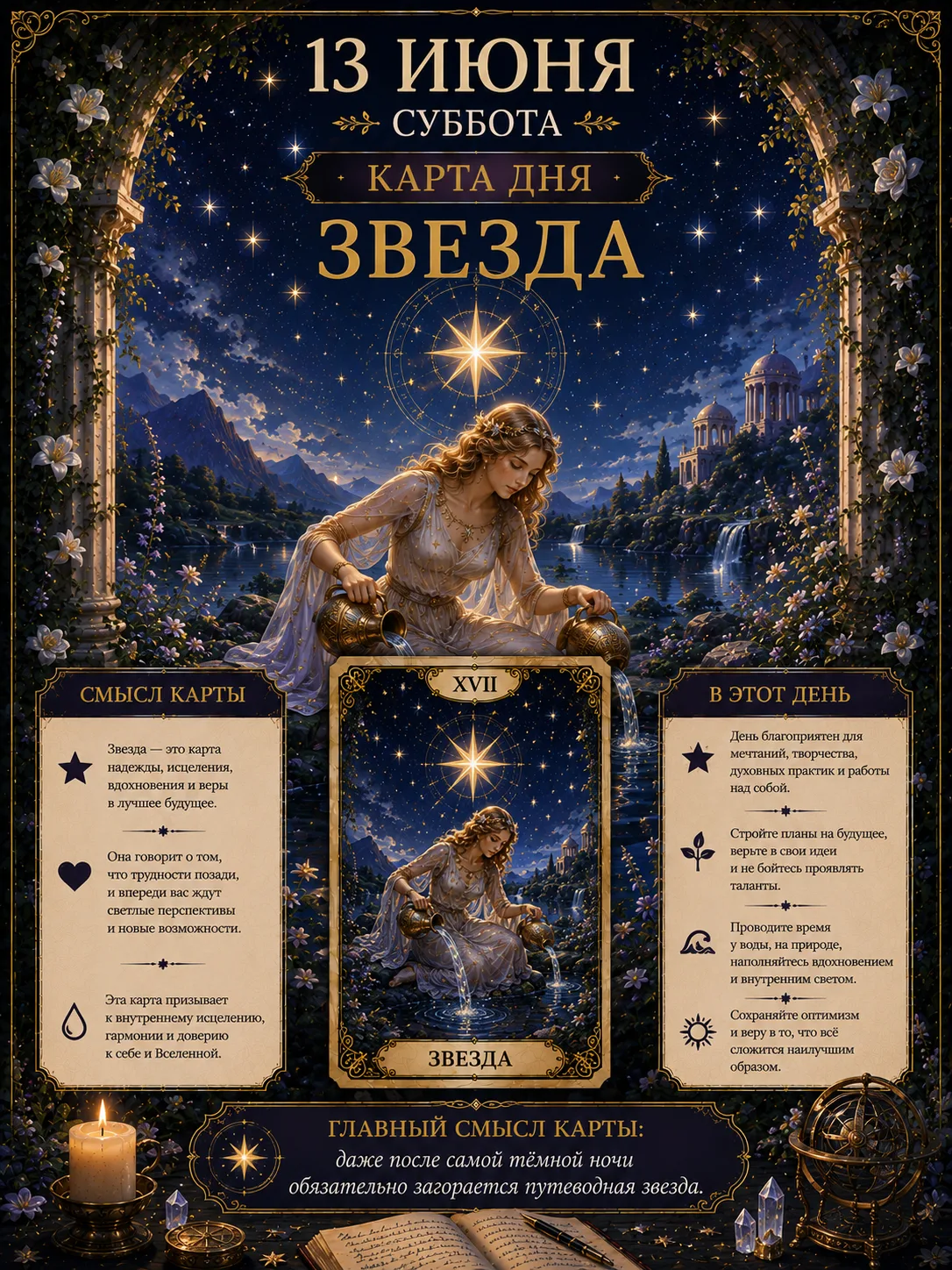 📅 13 июня, суббота — 🌟 Звезда

🔮 Смысл карты

Звезда — карта надежды, исцеления и светлых перспек