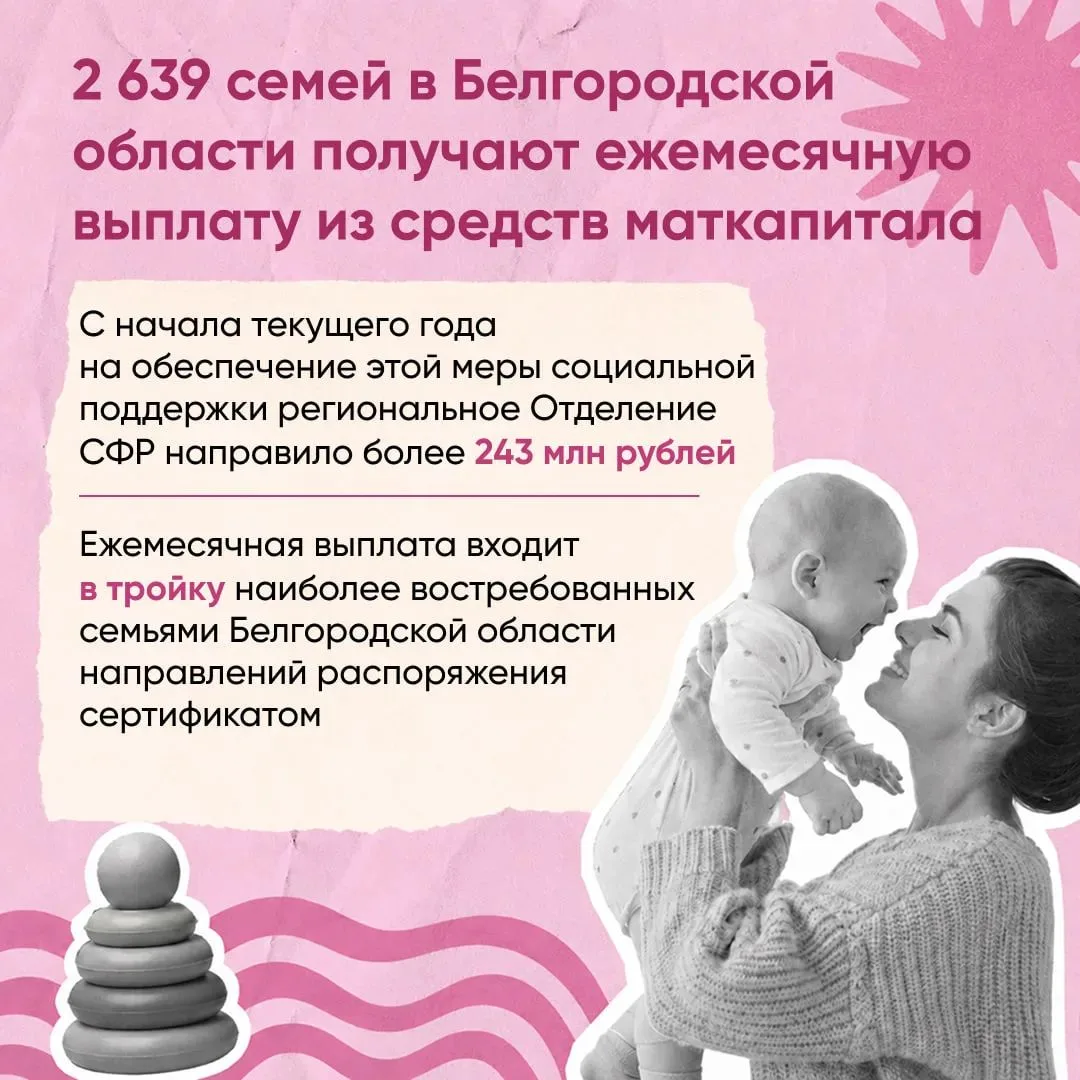Более 2500 семей в Белгородской области получают ежемесячную выплату из средств материнского капитал