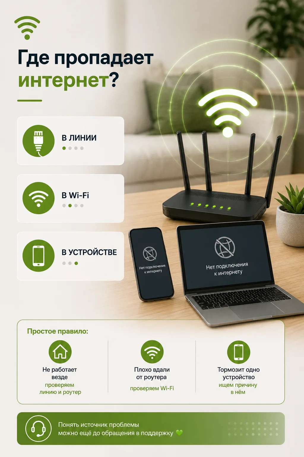 📶 Где пропадает интернет: в линии, Wi-Fi или самом устройстве?

Когда интернет работает плохо, прич