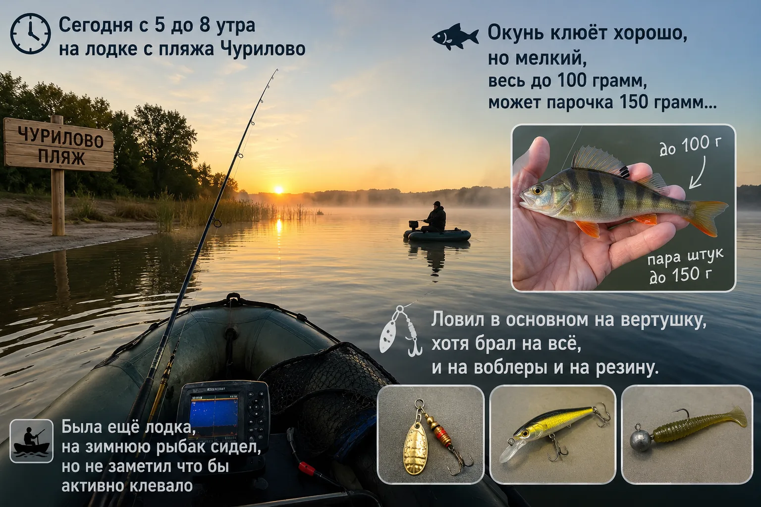 Рыбацкий отчет. Сегодня с 5 до 8 утра на лодке с пляжа Чурилово. Окунь клюёт хорошо, но мелкий, весь