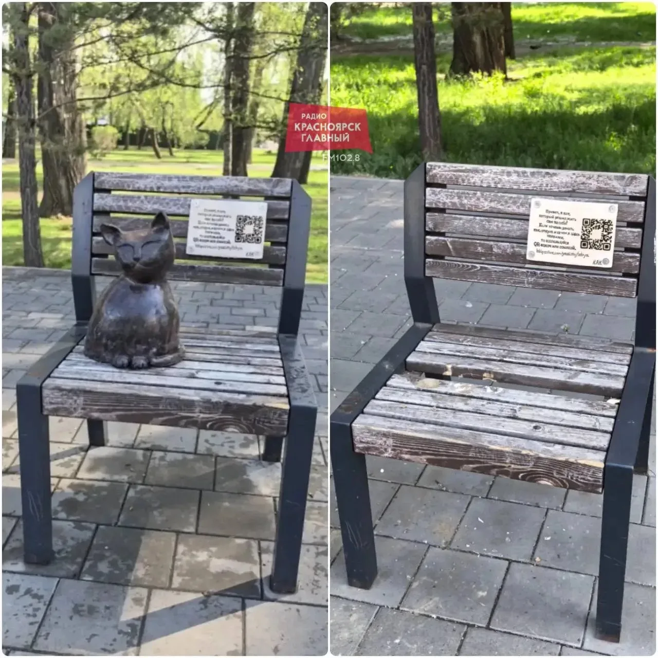 🙄В Красноярском Юдинском сквере утащили керамического кота. О том, что его там установили, мы писал