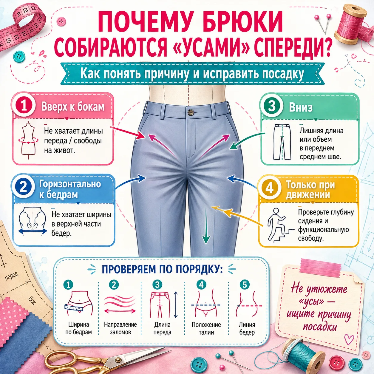 👖 Почему брюки собираются «усами» спереди и как это исправить