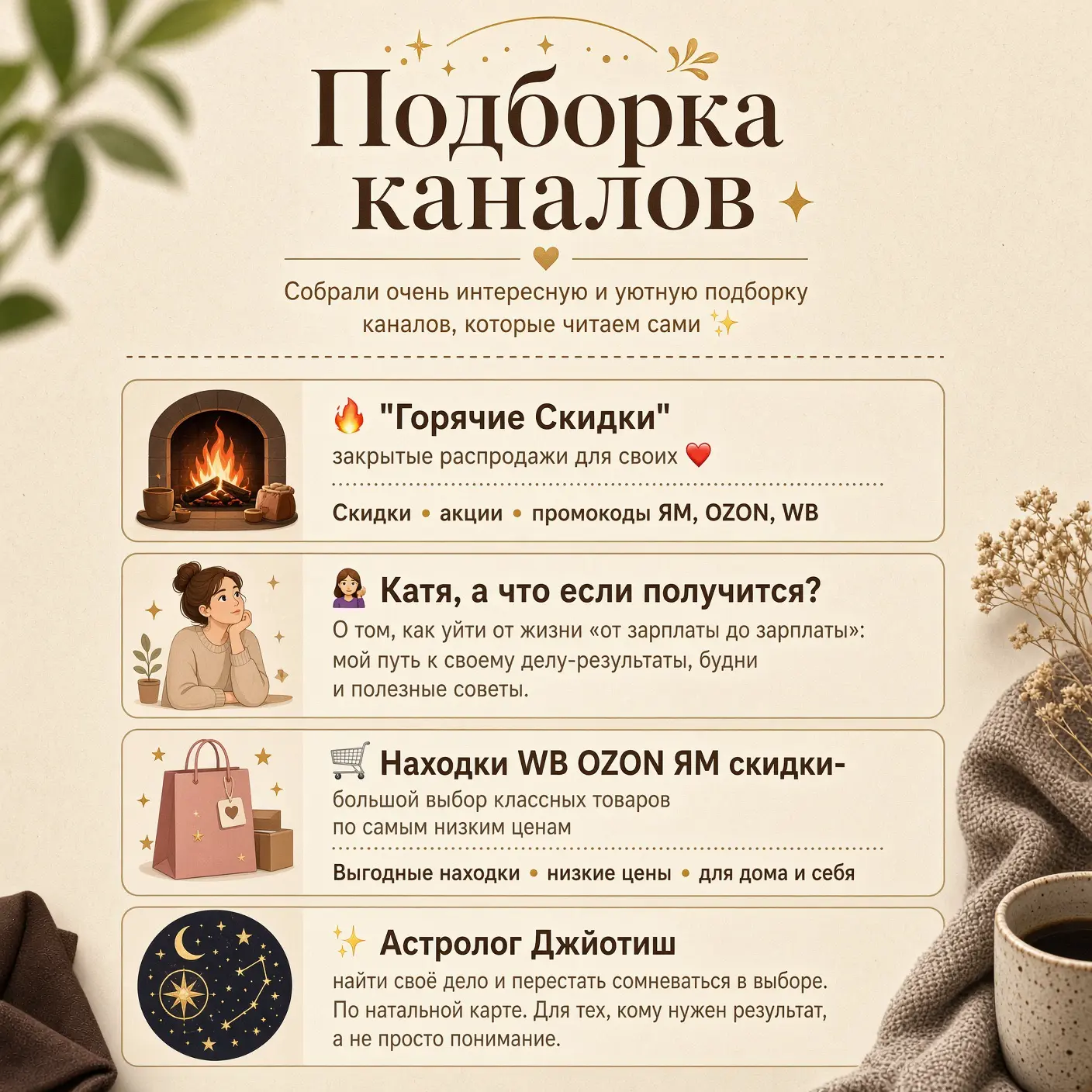 Собрали очень интересную и уютную подборку каналов, которые читаем сами ✨