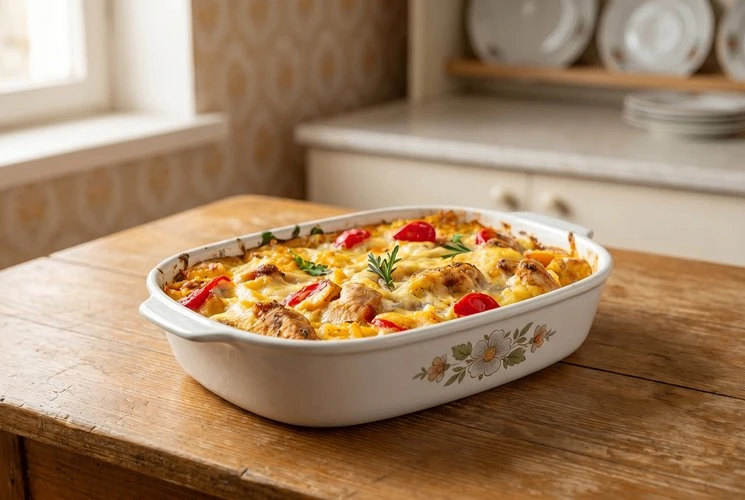 Простой и сытный ужин — Сытная запеканка с курицей, картофелем, помидорами и творожно-кефирной залив