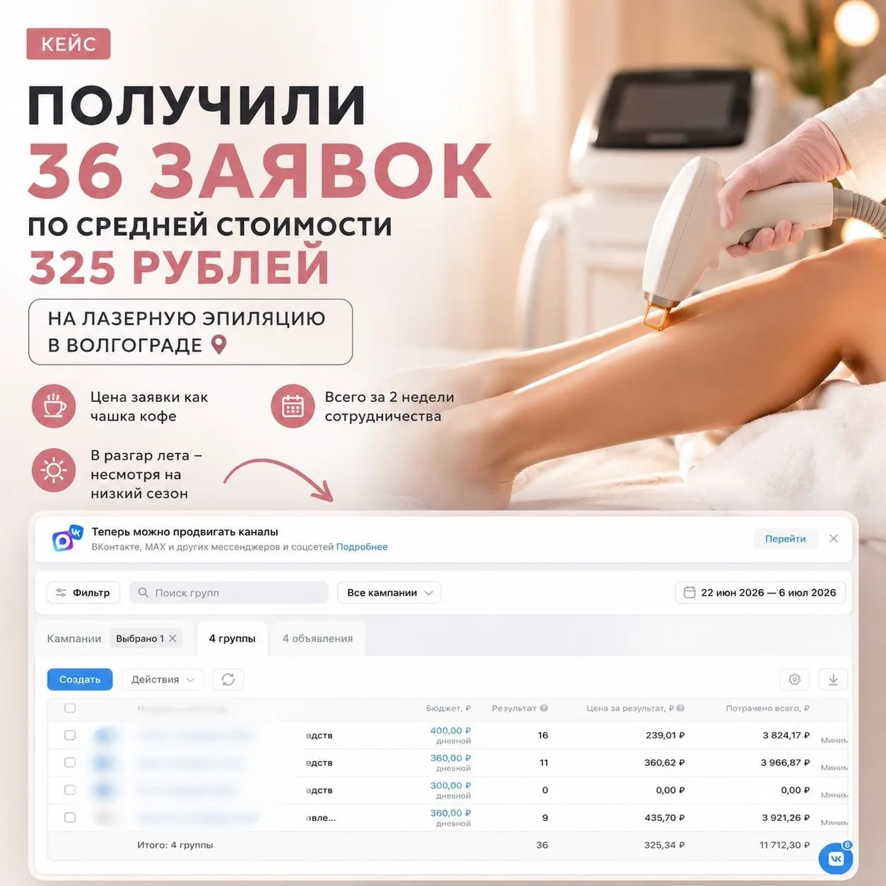 🔥 36 ЗАЯВОК ПО 325₽ НА ЛАЗЕРНУЮ ЭПИЛЯЦИЮ В ВОЛГОГРАДЕ