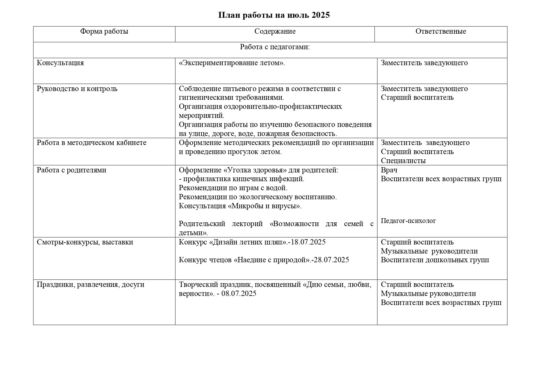 План работы МБДОУ МО г. Краснодар «Детский сад № 175» на июль 2026 года.📝

#ДетскийСад175 #дошкольн
