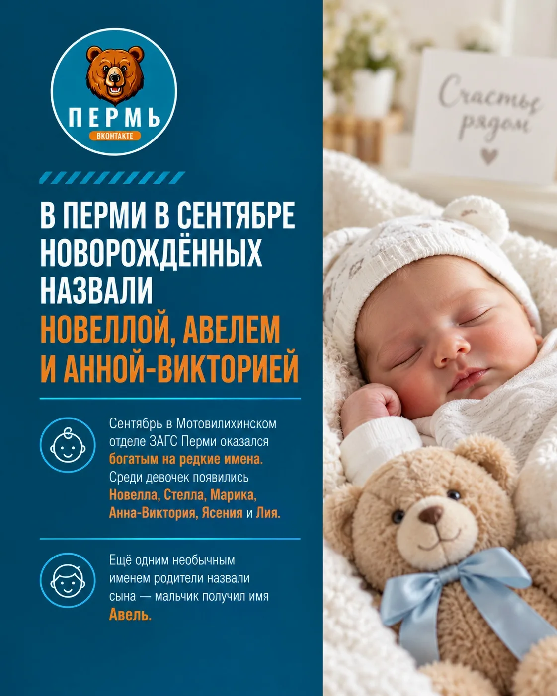 👶 В Перми в сентябре новорождённых назвали Новеллой, Авелем и Анной-Викторией
