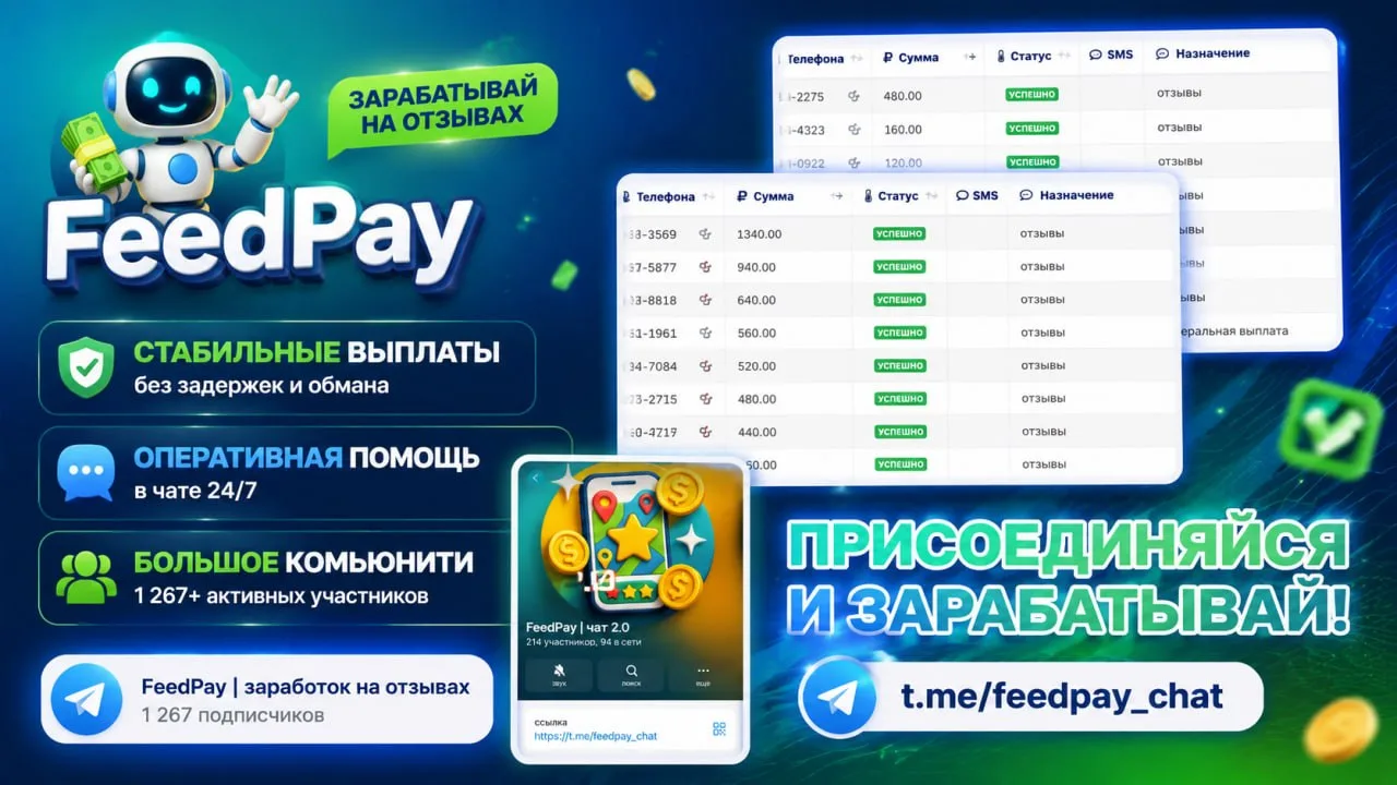 💬ЗАРАБОТОК НА ОТЗЫВАХ — БОЛЕЕ 400 ЗАДАНИЙ В БАЗЕ FEEDPAY!