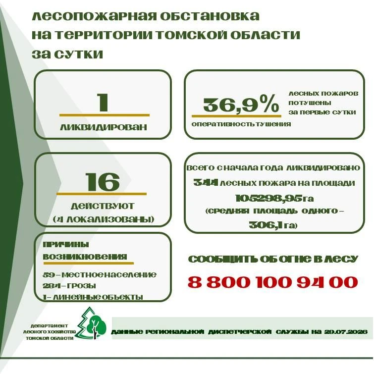 📌 За прошедшие сутки в Томской области ликвидирован 1 лесной пожар.
Действуют 16 лесных пожаров  на
