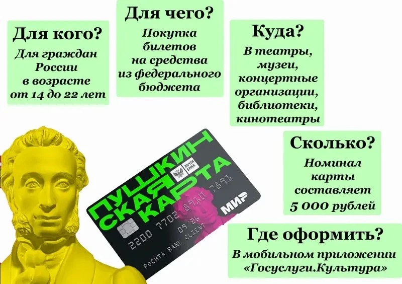 🎭 «Пушкинская карта» — это специальная банковская карта, созданная для молодых людей в возрасте от 1
