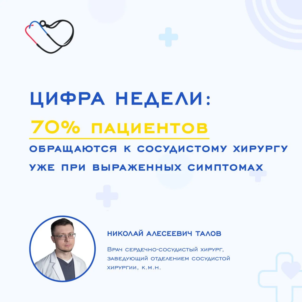 📈 Цифра недели: около 70% пациентов обращаются к сосудистому хирургу уже при выраженны...