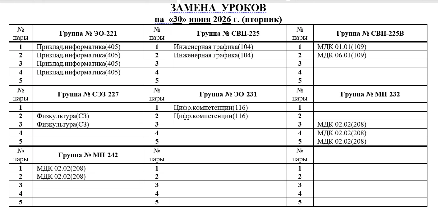 Изменения в расписании на 30.06