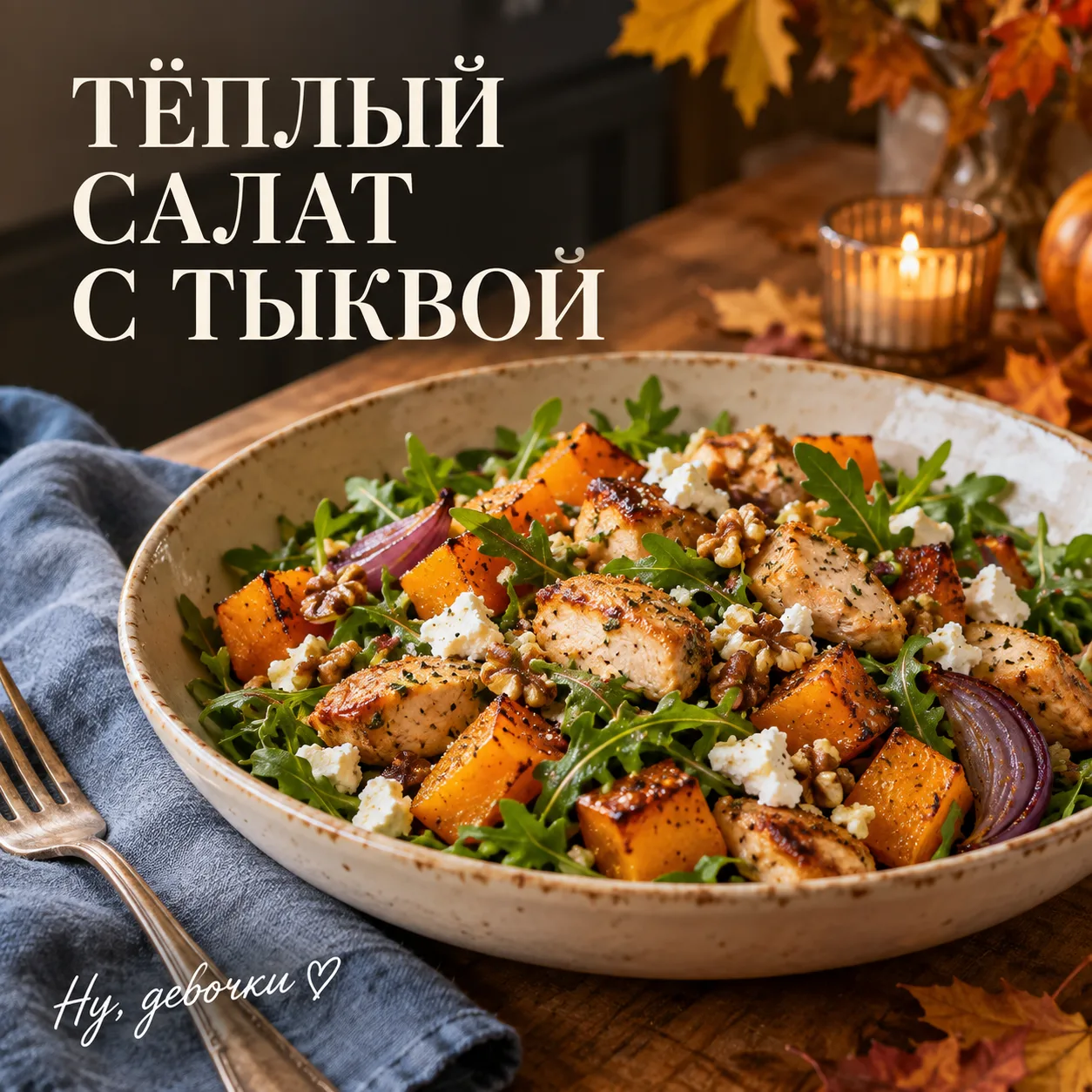Девочки, идея вкусного субботнего ужина: тёплый салат с курицей, тыквой и фетой 🍂Нам п...