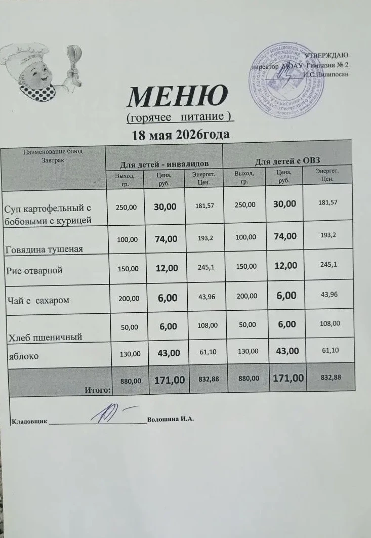 Школьное меню МОАУ ГИМНАЗИЯ 2 18.05.2026