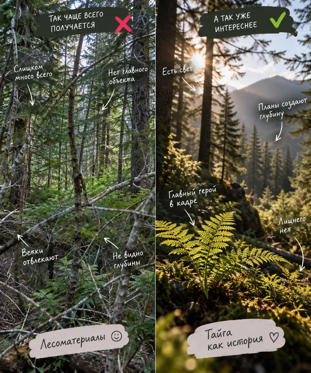 ШКОЛА ТАЁЖНОГО ФОТОГРАФА | Почему тайга вживую — вау, а на фото — куча веток?
