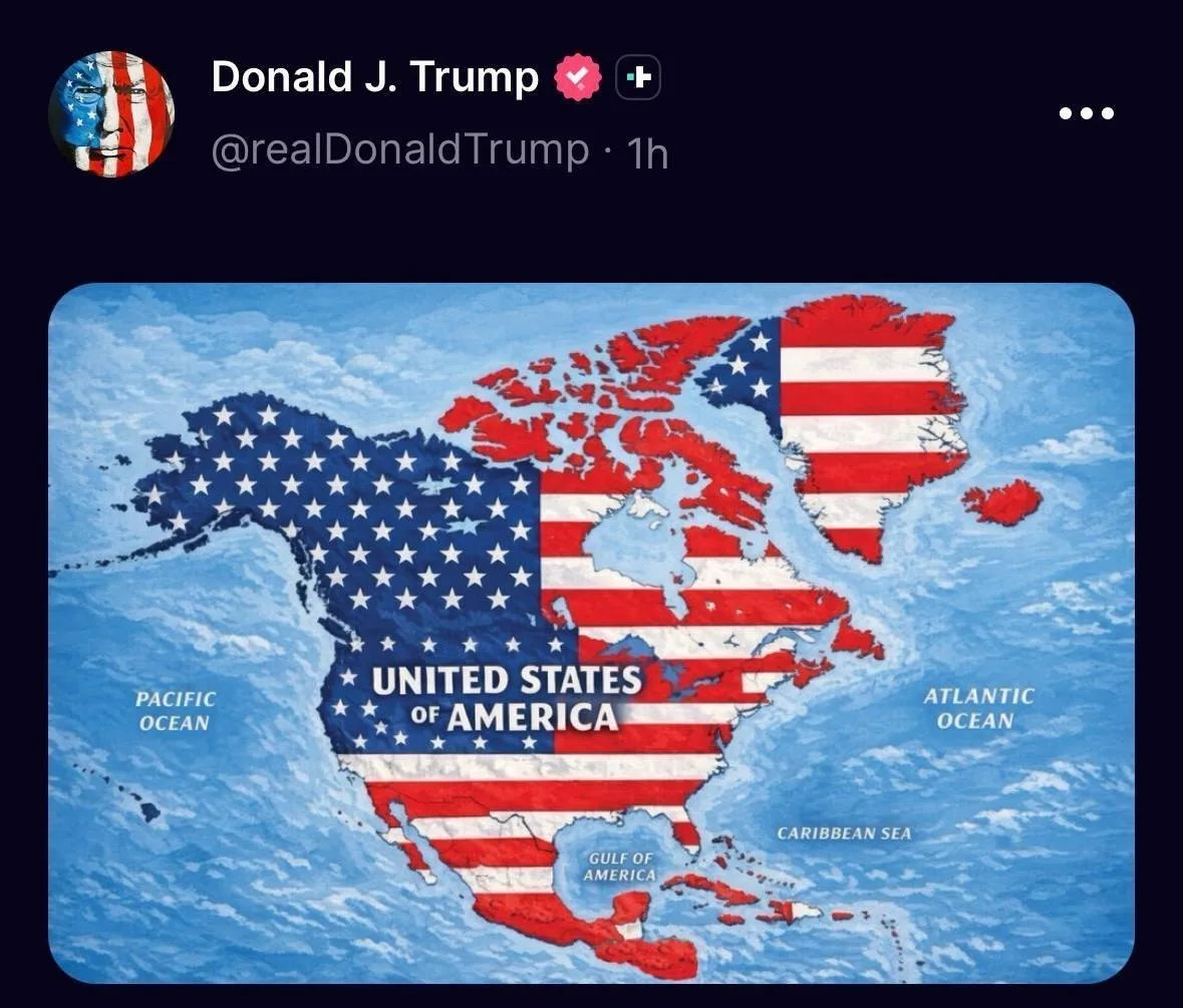 Трамп снова увеличил США — на этот раз он запостил всю Северную Америку в цветах флага США
