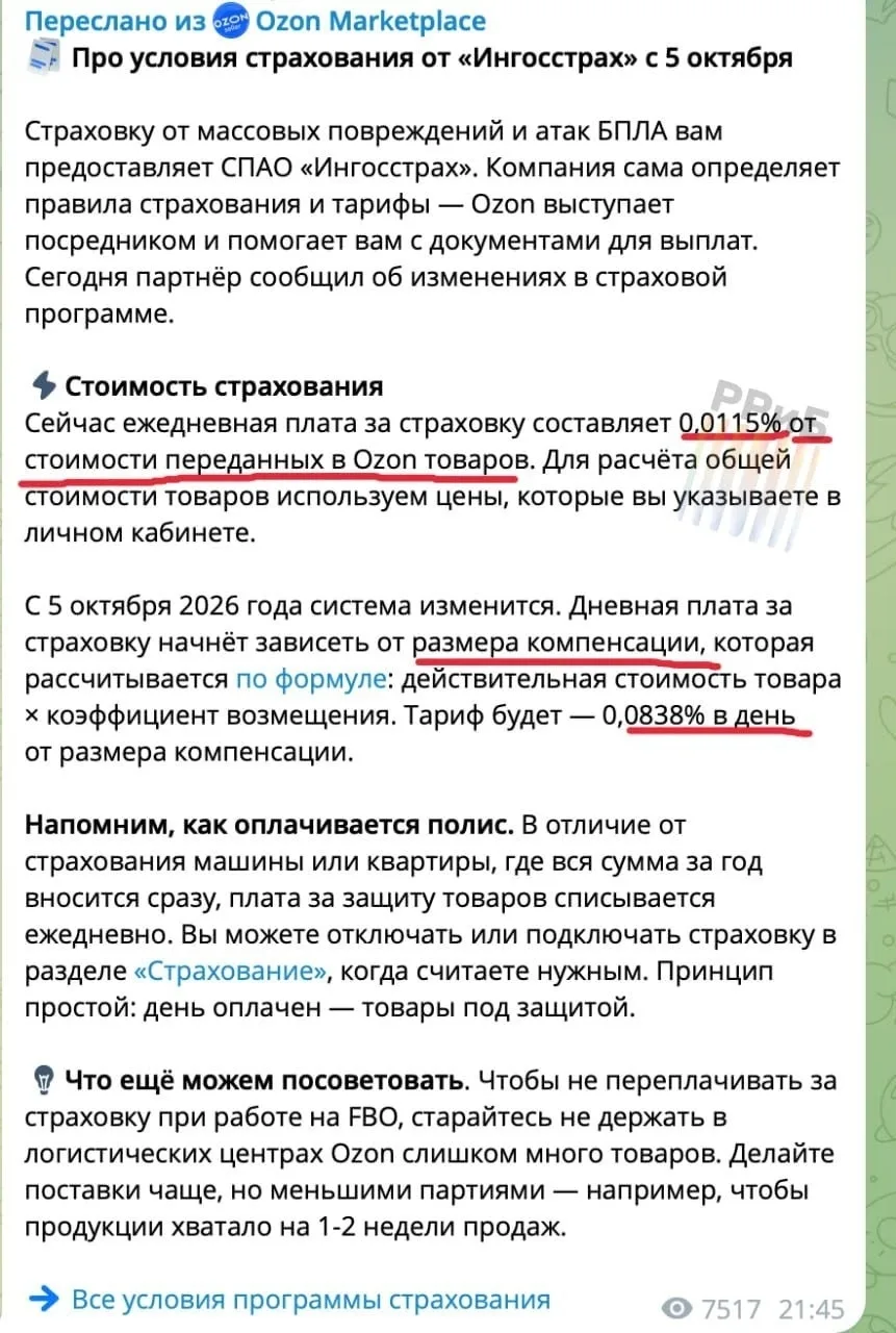 Страховка от атак БПЛА на Ozon подорожала почти в 4,5 раза. Раньше она считалась от сто...