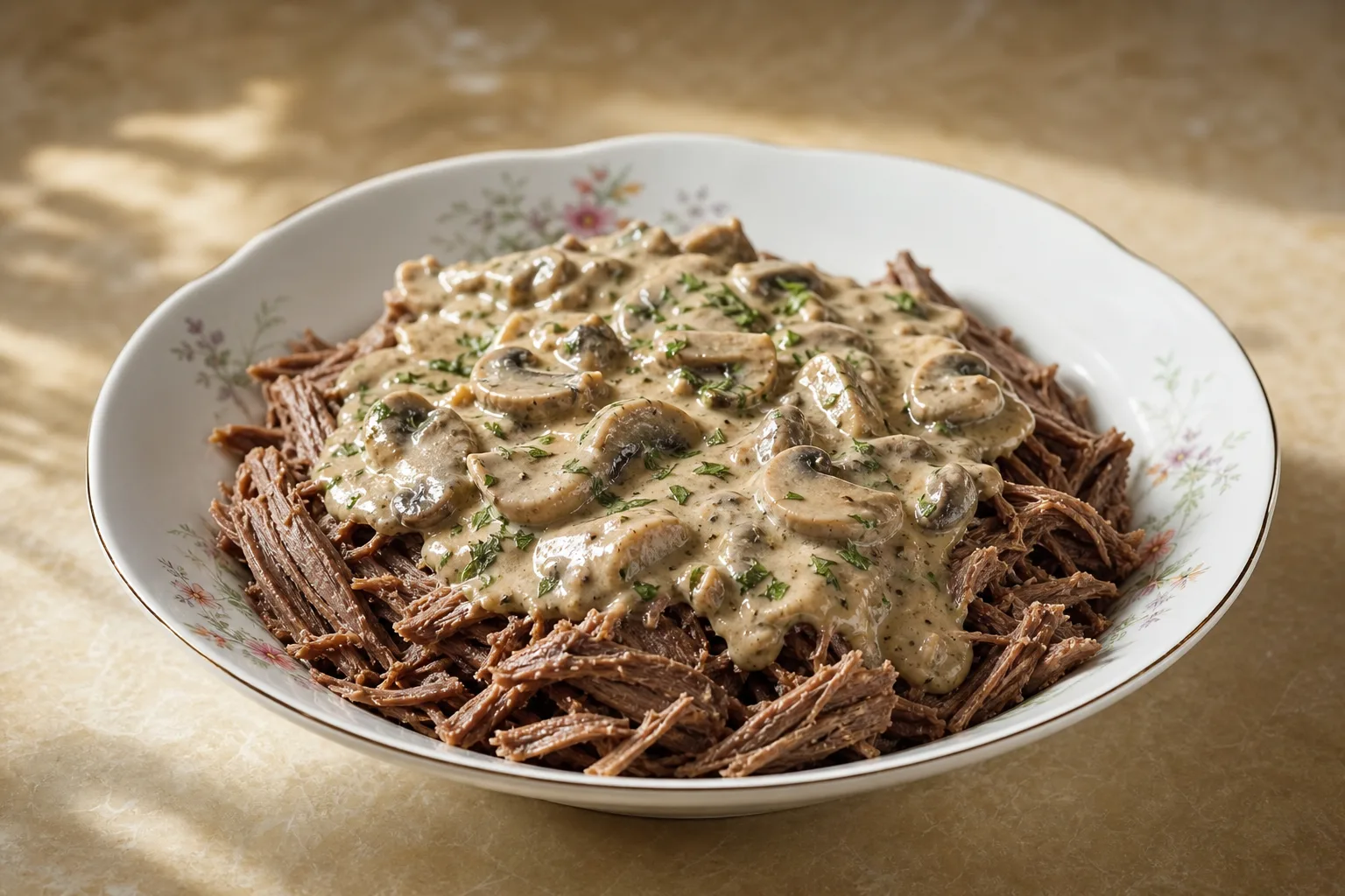 Рваная говядина с грибным соусом