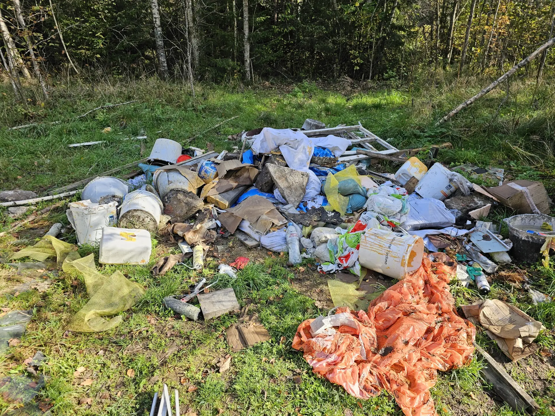Свалка у дороги, которая ведёт через бор к речке на въезде в Чащу, рядом с деревянным м...