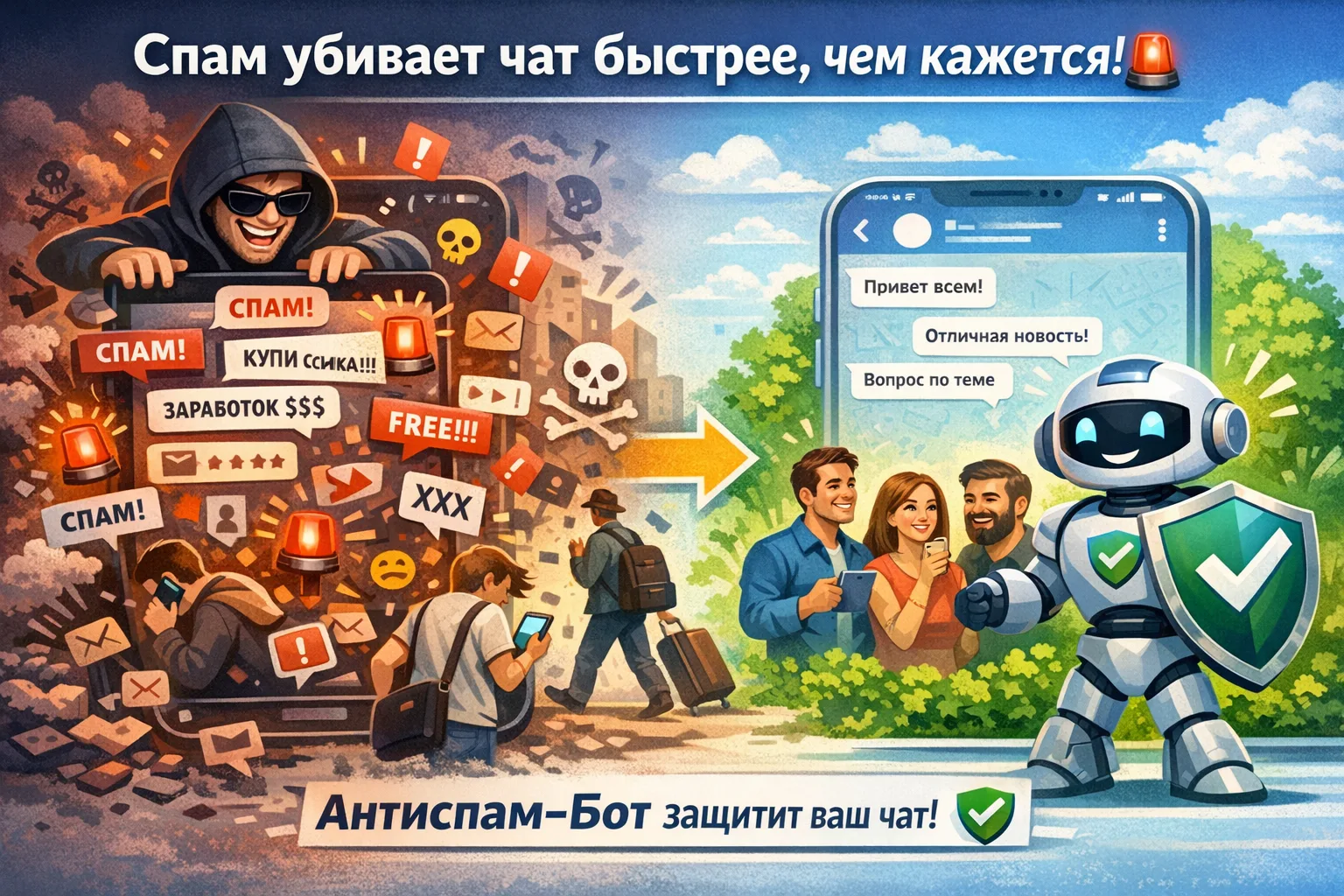 Спам убивает чат быстрее, чем кажется 🚨

Один спамер — и живой чат за минуты превращается в свалку 